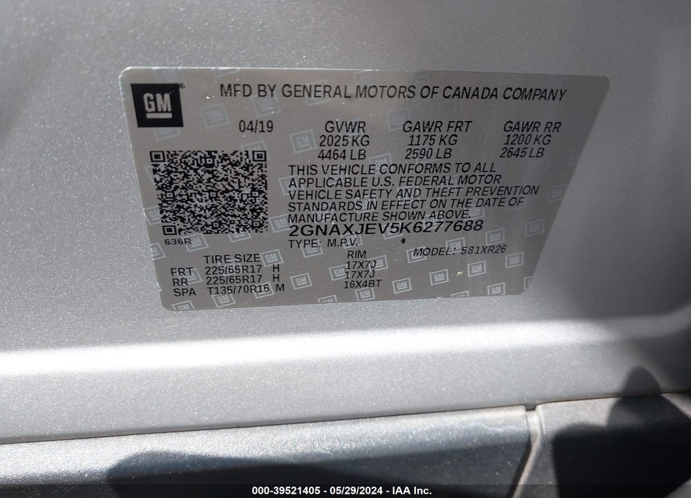 2019 CHEVROLET EQUINOX LT VIN: 2GNAXJEV5K6277688