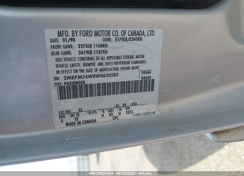 1998 MERCURY GRAND MARQUIS VIN: 2MEFM74W8WX630282