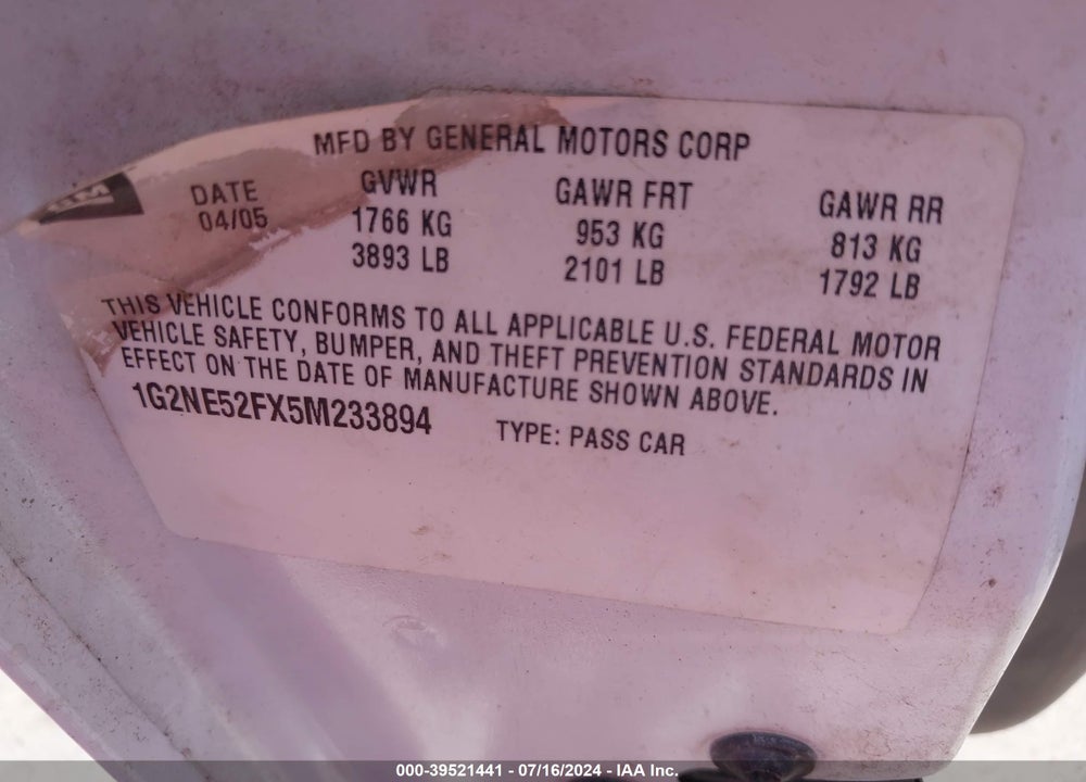 2005 PONTIAC GRAND AM SE VIN: 1G2NE52FX5M233894
