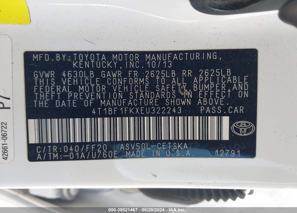 2014 TOYOTA CAMRY SE VIN: 4T1BF1FKXEU322243