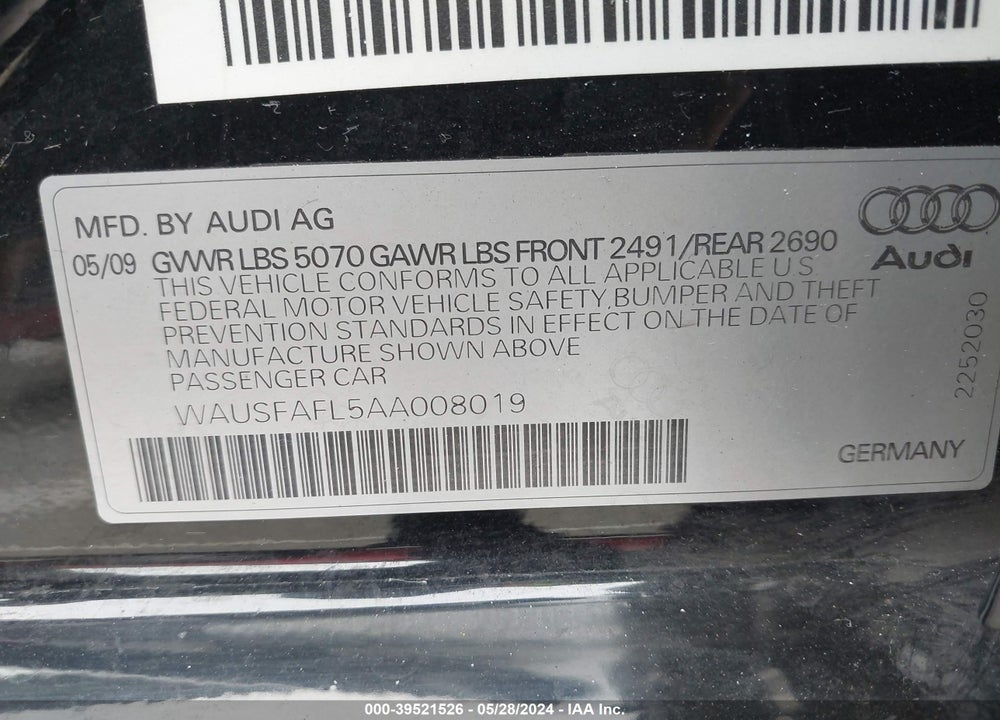 2010 AUDI A4 2.0T PREMIUM VIN: WAUSFAFL5AA008019