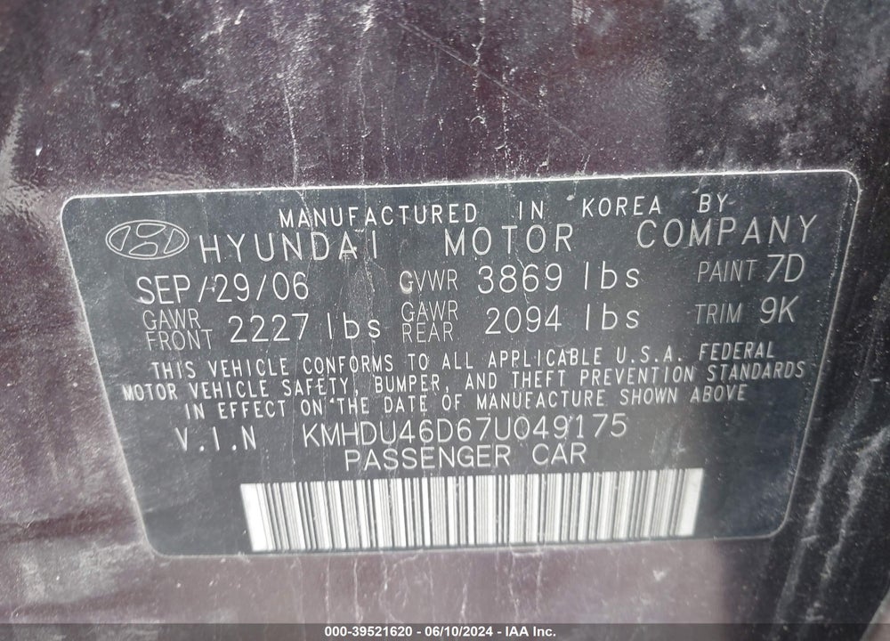 2007 HYUNDAI ELANTRA GLS/LIMITED/SE VIN: KMHDU46D67U049175