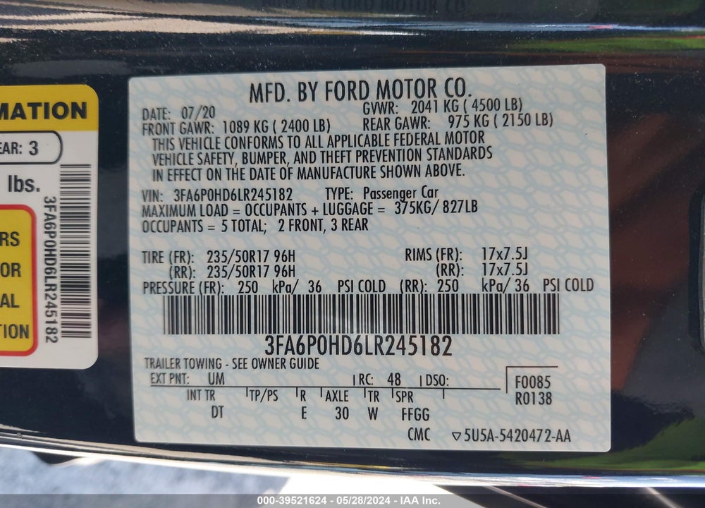 2020 FORD FUSION SE VIN: 3FA6P0HD6LR245182