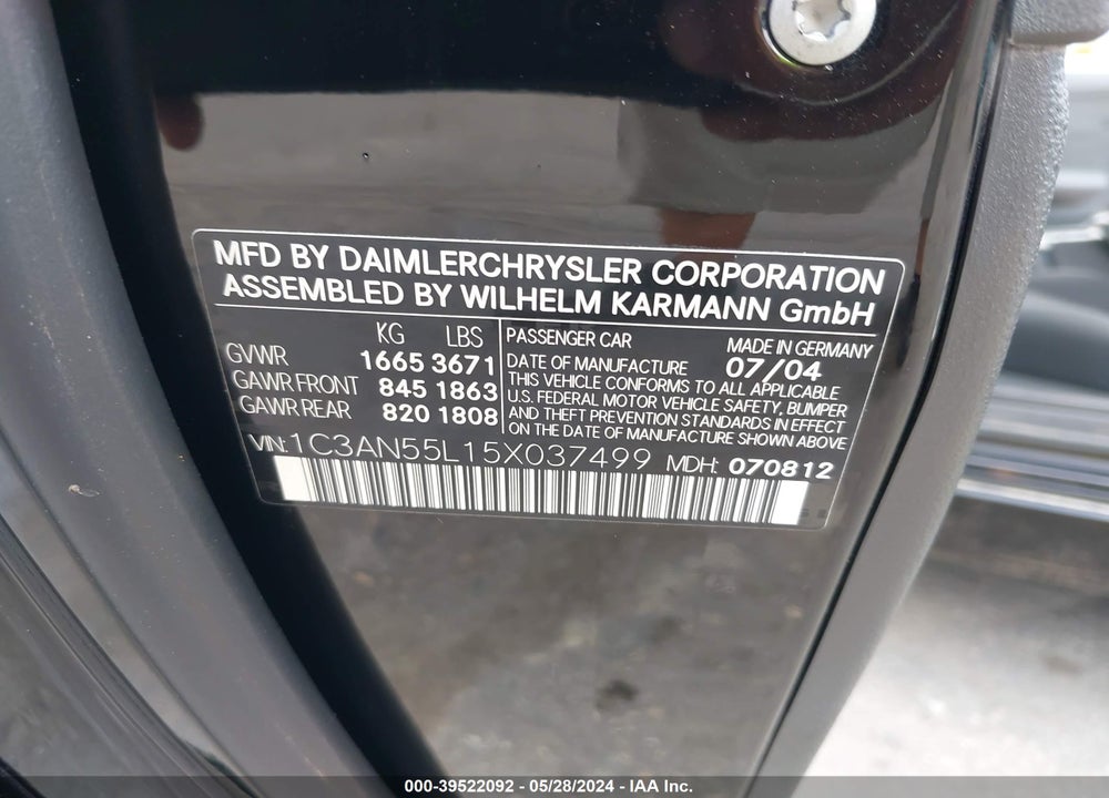 2005 CHRYSLER CROSSFIRE VIN: 1C3AN55L15X037499