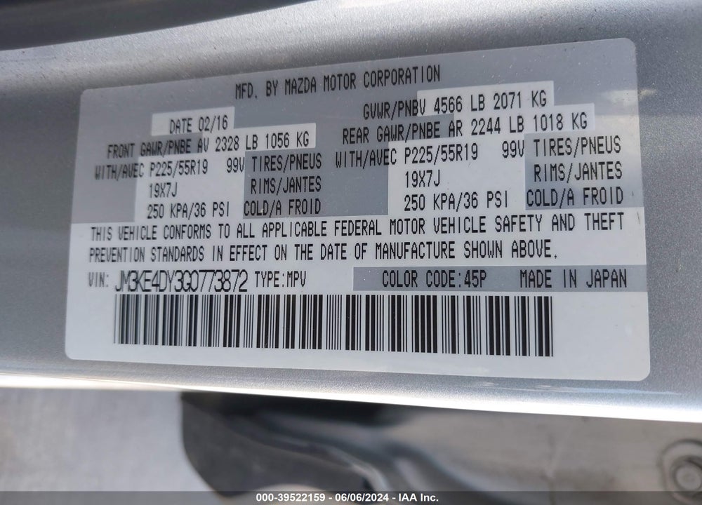 2016 MAZDA CX-5 GRAND TOURING VIN: JM3KE4DY3G0773872