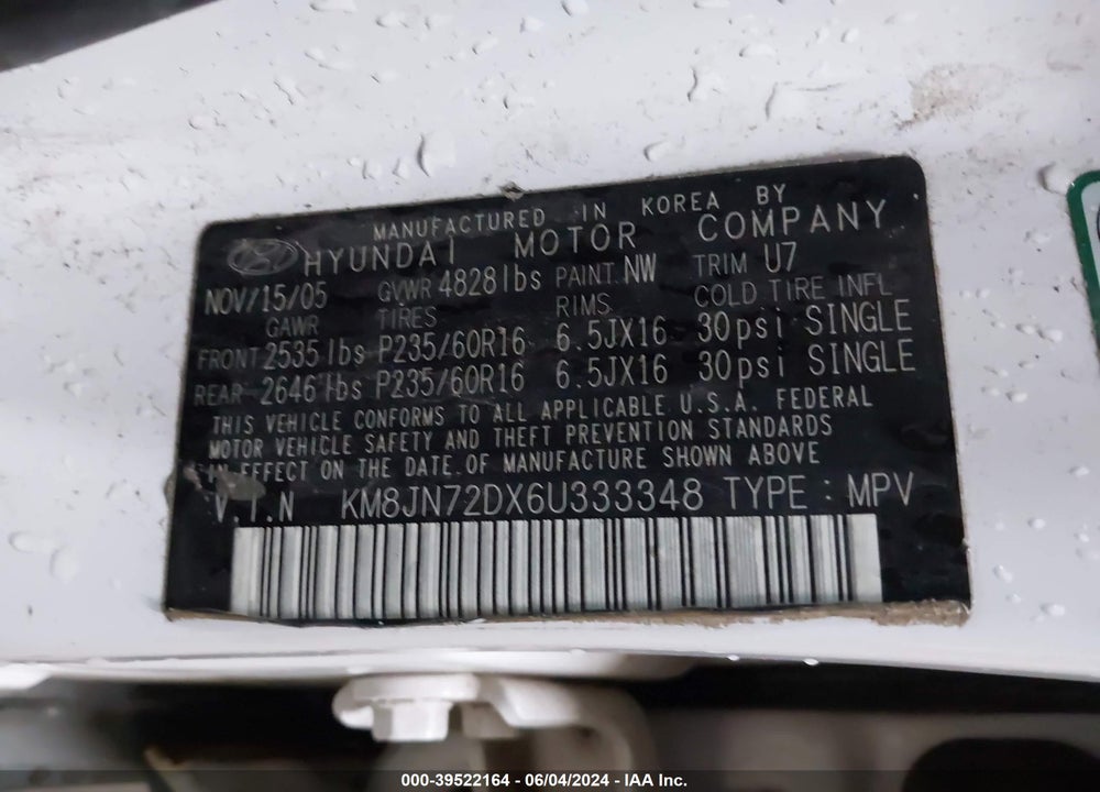 2006 HYUNDAI TUCSON GLS/LIMITED VIN: KM8JN72DX6U333348