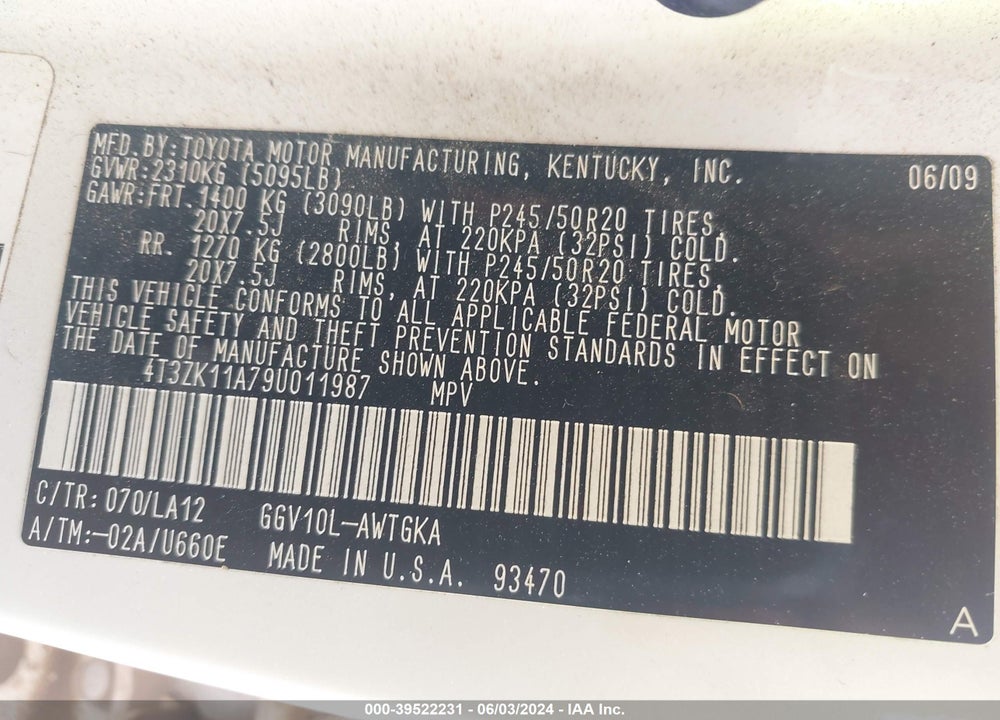 2009 TOYOTA VENZA VIN: 4T3ZK11A79U011987