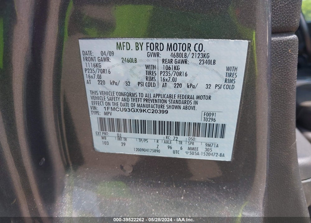 2009 FORD ESCAPE VIN: 1FMCU93GX9KC20399