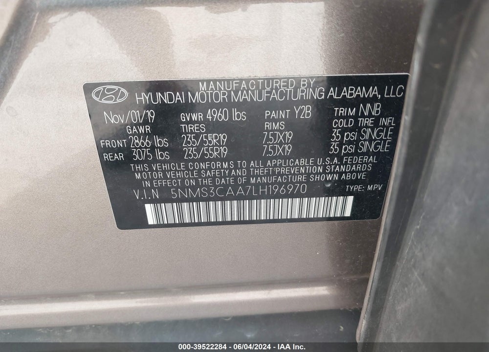 2020 HYUNDAI SANTA FE SEL 2.0T VIN: 5NMS3CAA7LH196970