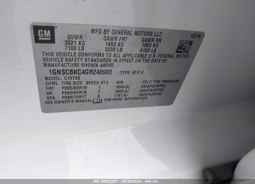 2016 CHEVROLET TAHOE LT VIN: 1GNSCBKC4GR248980