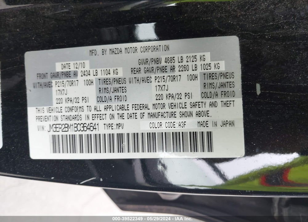 2011 MAZDA CX-7 I SPORT VIN: JM3ER2BM1B0364641