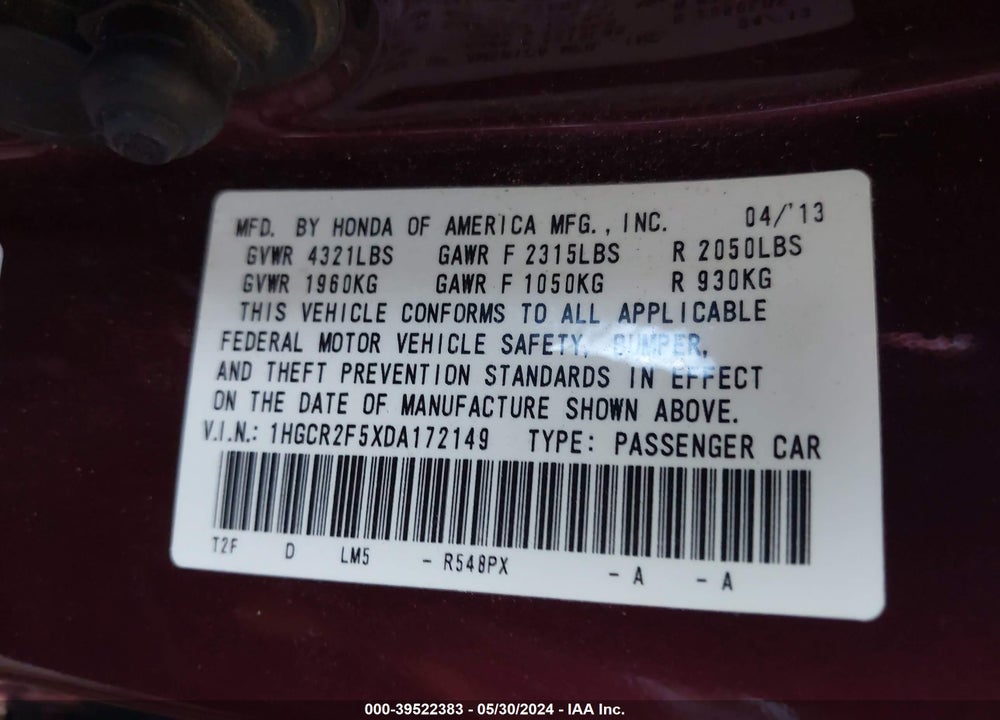 2013 HONDA ACCORD SPORT VIN: 1HGCR2F5XDA172149