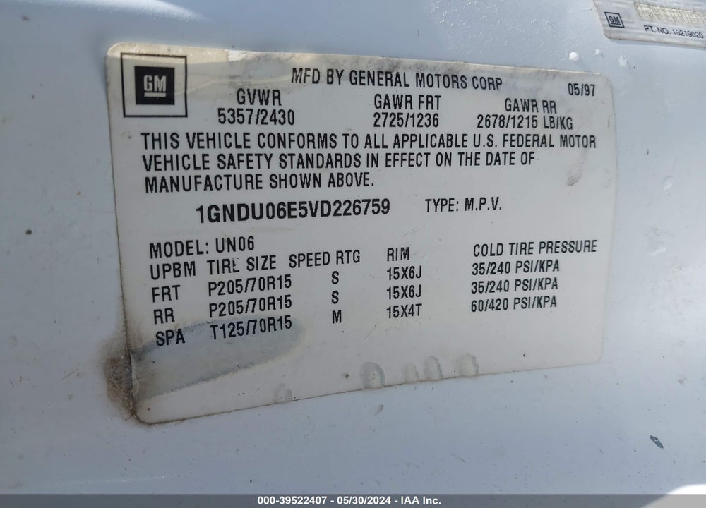 1997 CHEVROLET VENTURE VIN: 1GNDU06E5VD226759