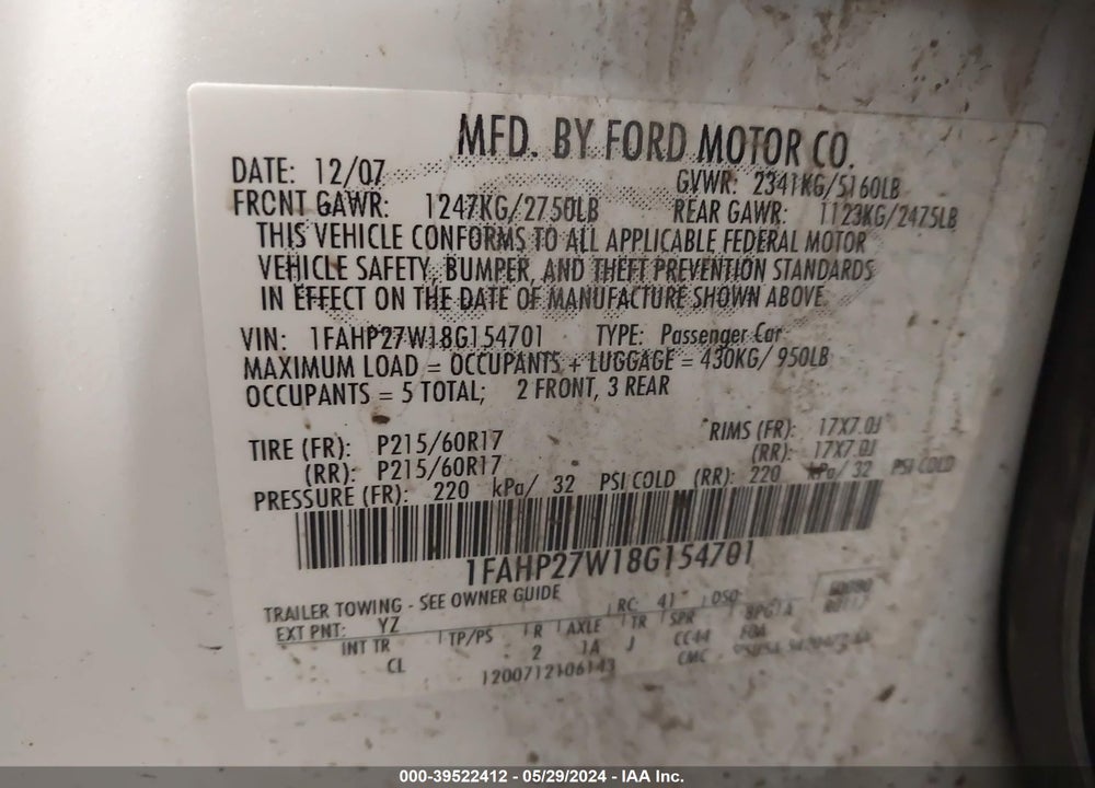 2008 FORD TAURUS VIN: 1FAHP27W18G154701