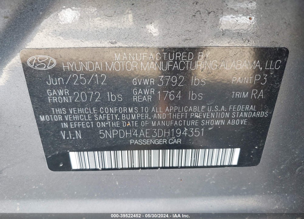 2013 HYUNDAI ELANTRA GLS VIN: 5NPDH4AE3DH194351