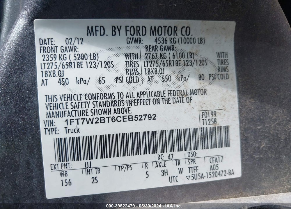 2012 FORD F-250 XLT VIN: 1FT7W2BT6CEB52792