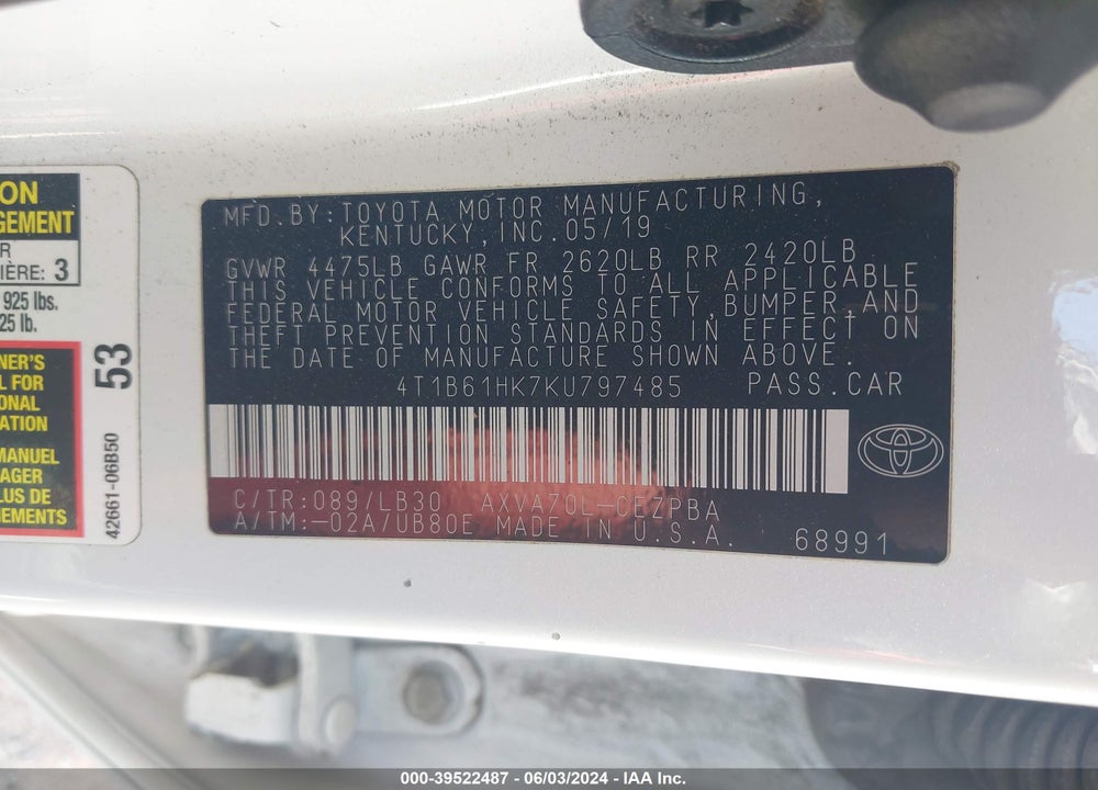 2019 TOYOTA CAMRY XSE VIN: 4T1B61HK7KU797485