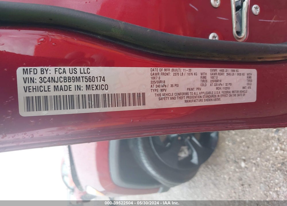 2021 JEEP COMPASS ALTITUDE FWD VIN: 3C4NJCBB9MT560174