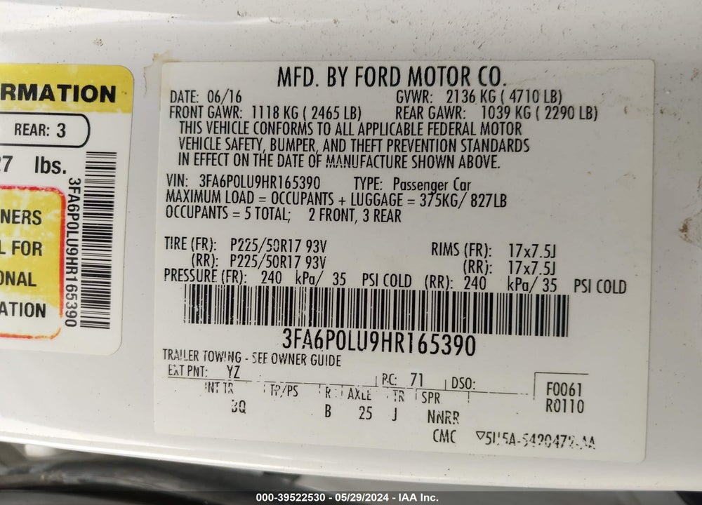 2017 FORD FUSION HYBRID SE VIN: 3FA6P0LU9HR165390