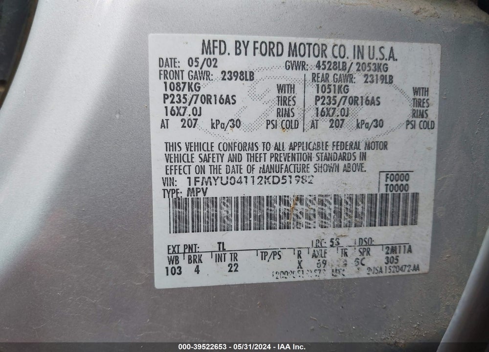 2002 FORD ESCAPE XLT VIN: 1FMYU04112KD51982