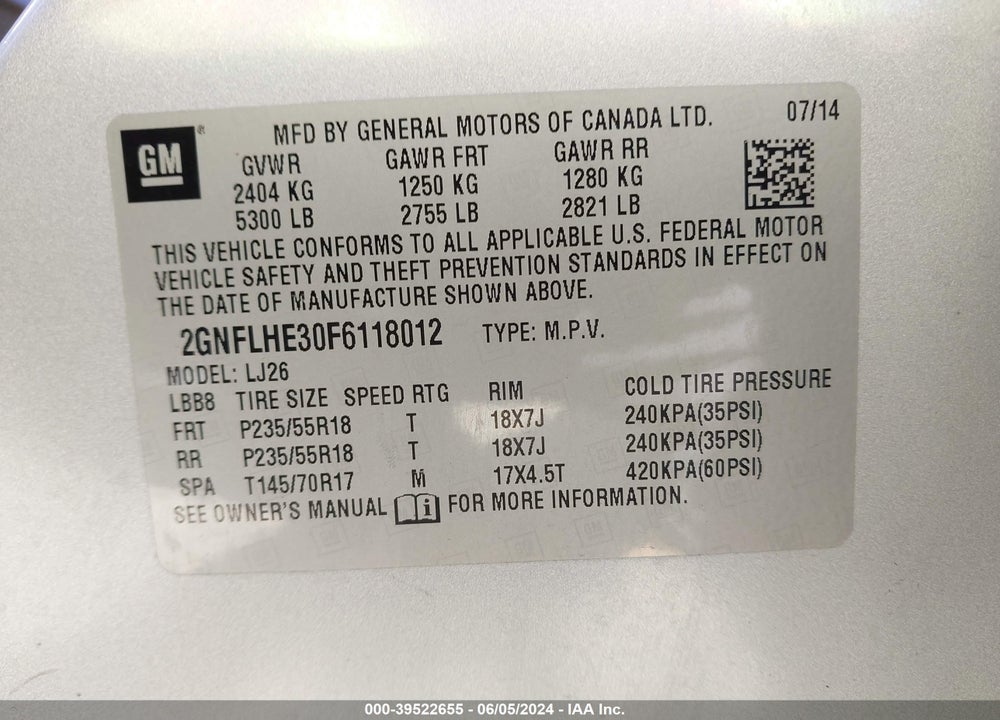 2015 CHEVROLET EQUINOX LTZ VIN: 2GNFLHE30F6118012
