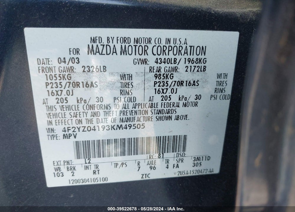 2003 MAZDA TRIBUTE LX V6 VIN: 4F2YZ04193KM49505
