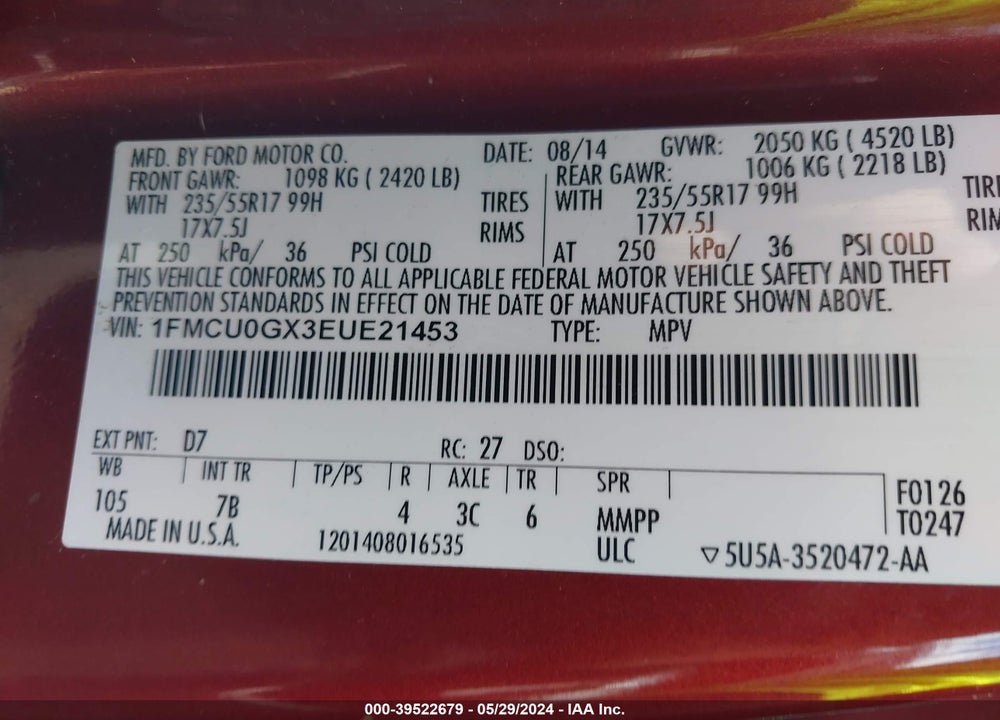 2014 FORD ESCAPE SE VIN: 1FMCU0GX3EUE21453