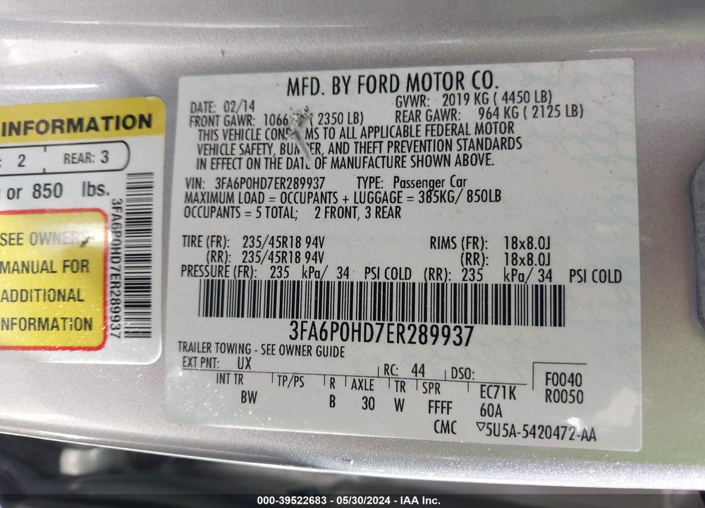 2014 FORD FUSION SE VIN: 3FA6P0HD7ER289937