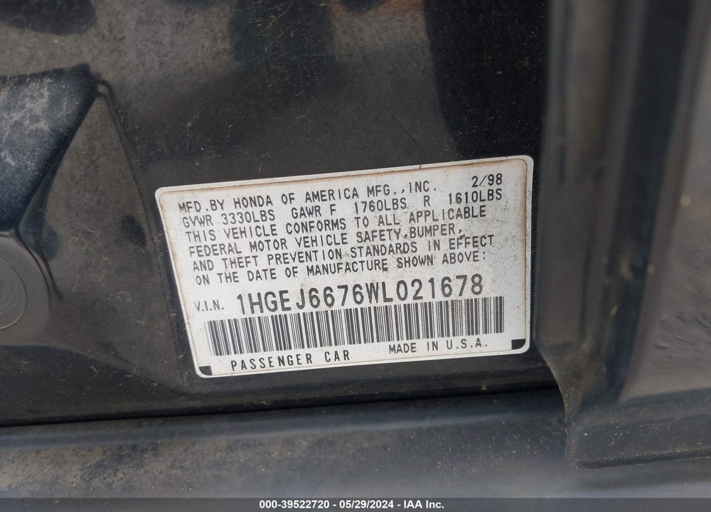1998 HONDA CIVIC LX VIN: 1HGEJ6676WL021678