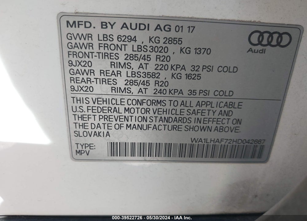 2017 AUDI Q7 2.0T PREMIUM VIN: WA1LHAF72HD042667