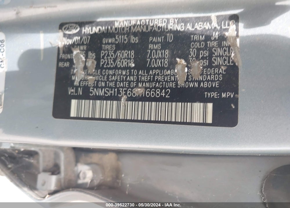 2008 HYUNDAI SANTA FE LIMITED/SE VIN: 5NMSH13E68H166842