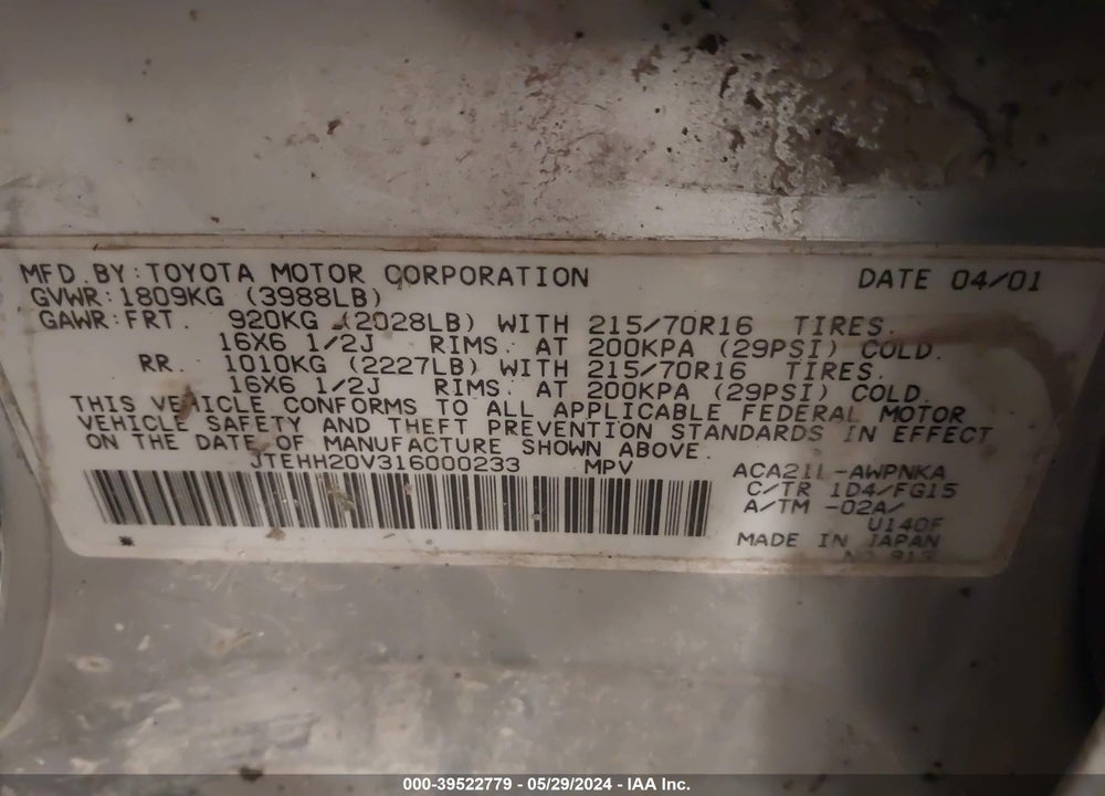 2001 TOYOTA RAV4 VIN: JTEHH20V316000233