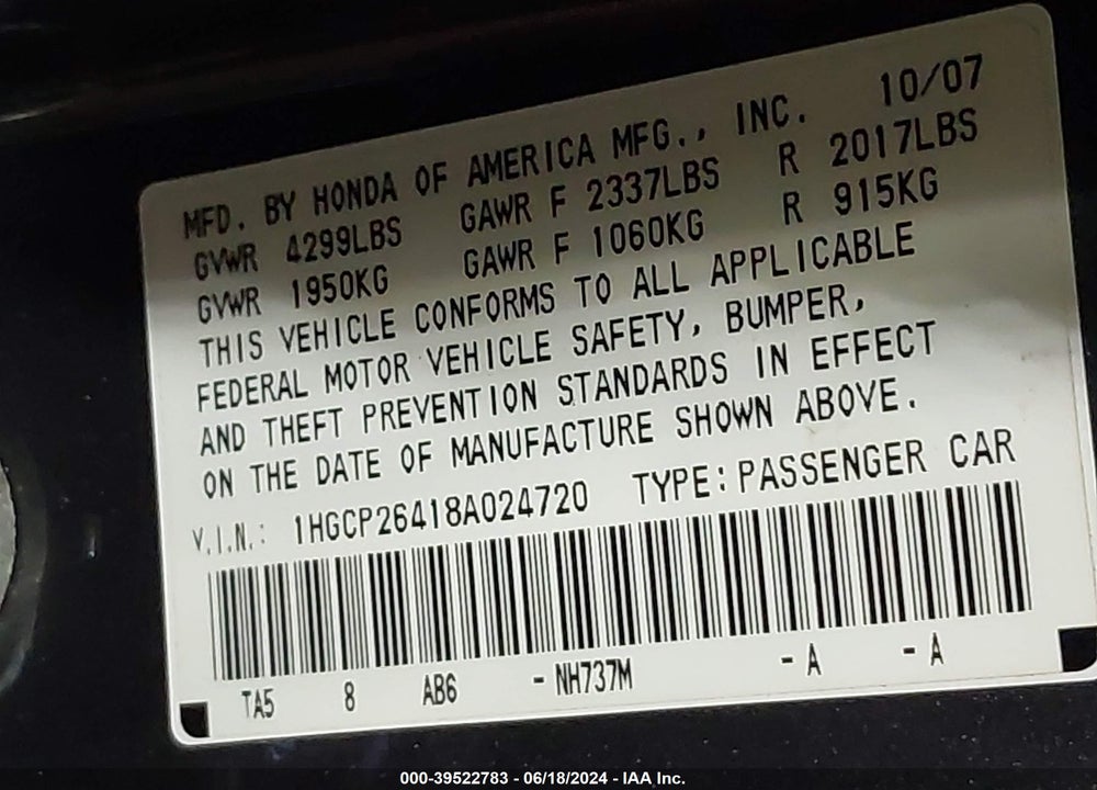 2008 HONDA ACCORD 2.4 LX-P VIN: 1HGCP26418A024720
