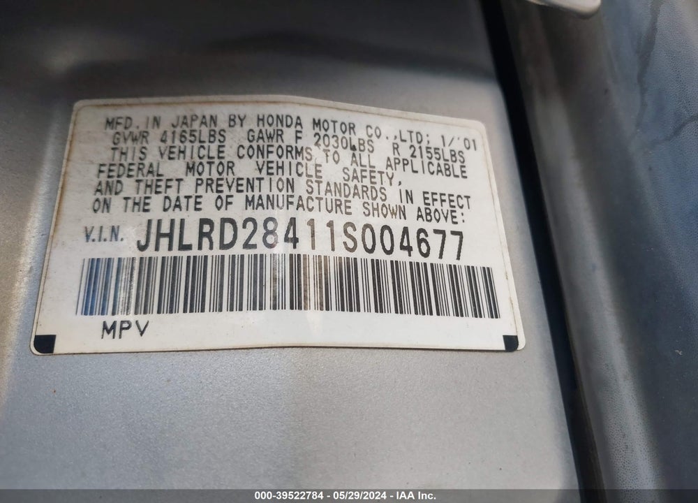 2001 HONDA CR-V LX VIN: JHLRD28411S004677