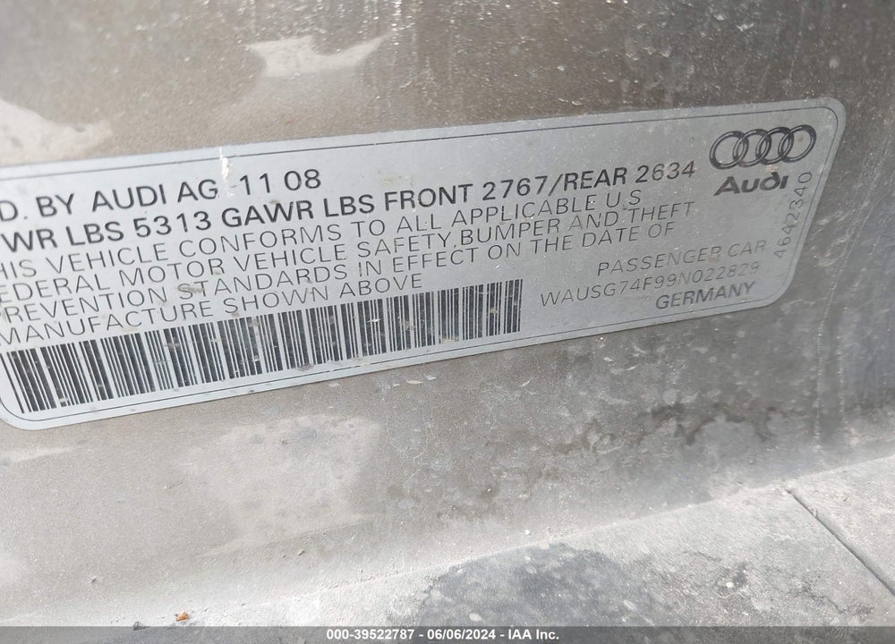 2009 AUDI A6 3.0 PREMIUM VIN: WAUSG74F99N022829