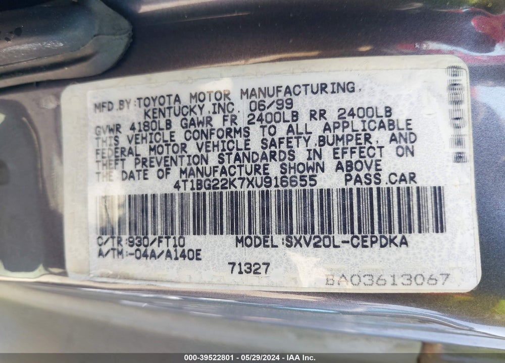 1999 TOYOTA CAMRY CE VIN: 4T1BG22K7XU916655