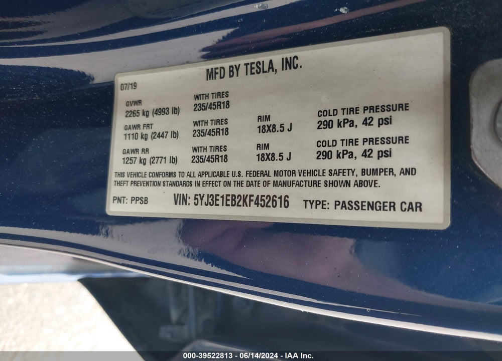 2019 TESLA MODEL 3 LONG RANGE/PERFORMANCE VIN: 5YJ3E1EB2KF452616