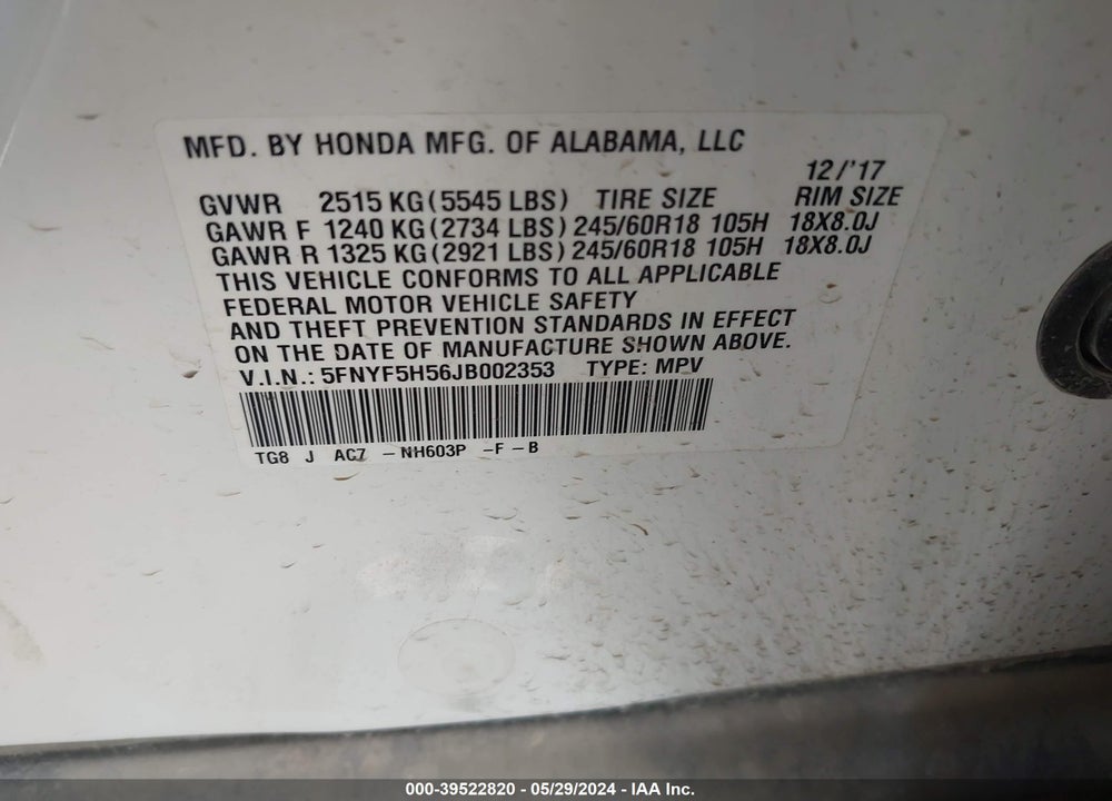 2018 HONDA PILOT EX-L VIN: 5FNYF5H56JB002353