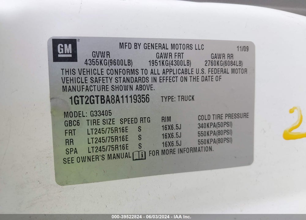 2010 GMC SAVANA 3500 WORK VAN VIN: 1GT2GTBA8A1119356