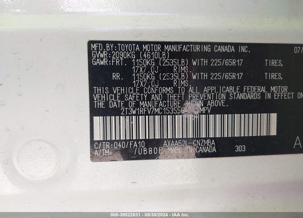 2021 TOYOTA RAV4 XLE VIN: 2T3W1RFV7MC153556