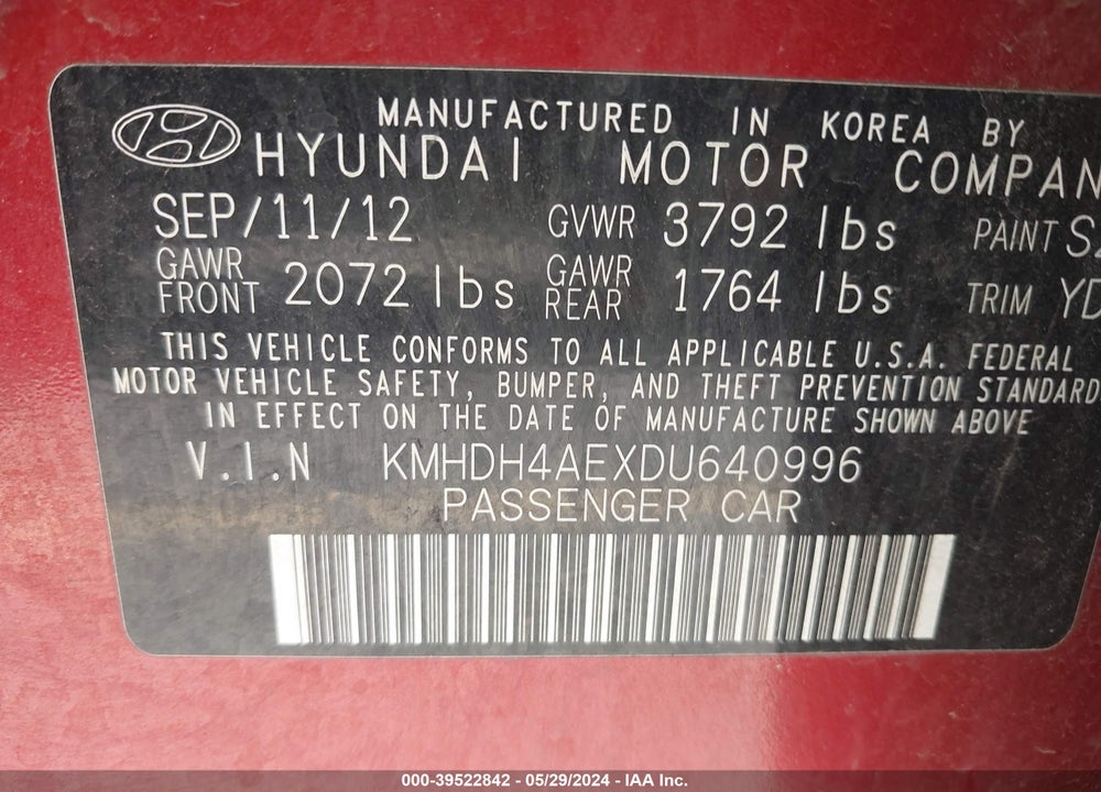 2013 HYUNDAI ELANTRA GLS VIN: KMHDH4AEXDU640996