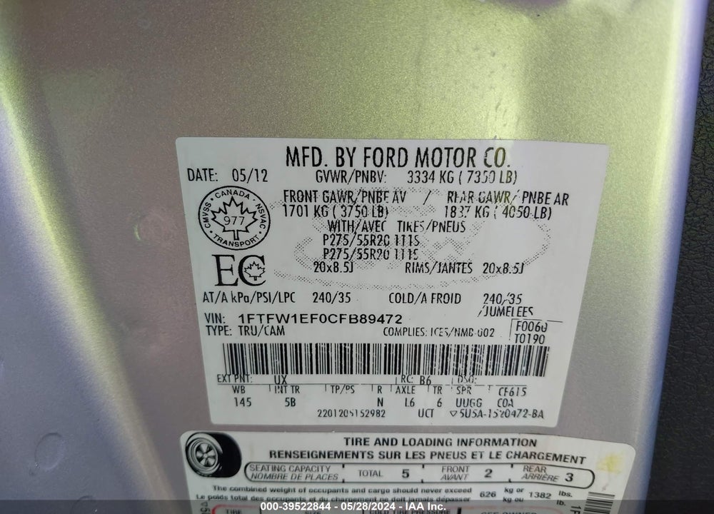 2012 FORD F-150 FX4 VIN: 1FTFW1EF0CFB89472