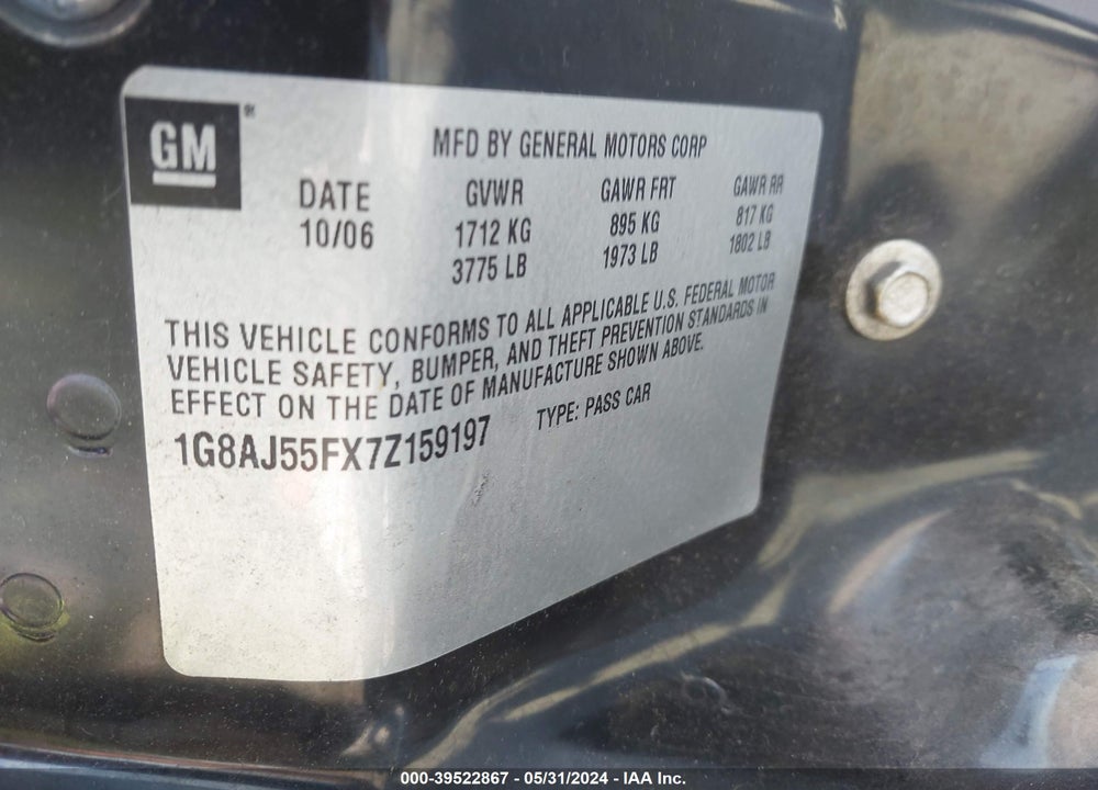 2007 SATURN ION 2 VIN: 1G8AJ55FX7Z159197