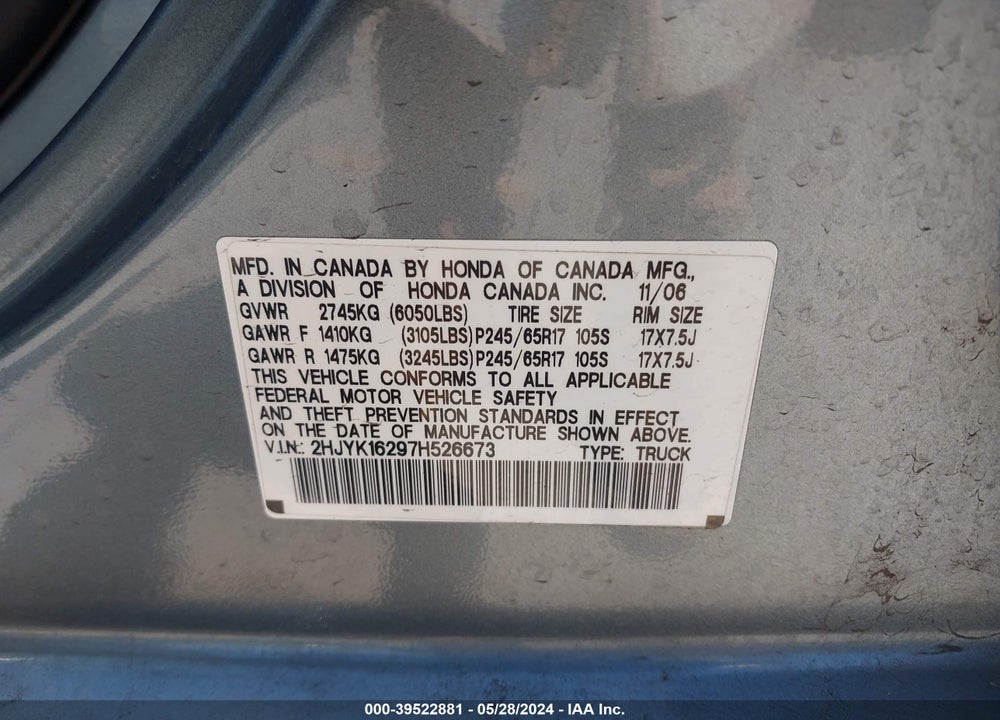 2007 HONDA RIDGELINE RT VIN: 2HJYK16297H526673