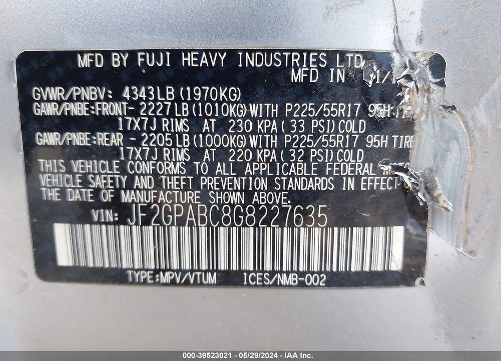 2016 SUBARU CROSSTREK VIN: JF2GPABC8G8227635
