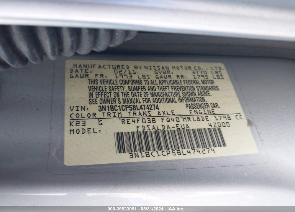 2011 NISSAN VERSA 1.8S VIN: 3N1BC1CP5BL474274