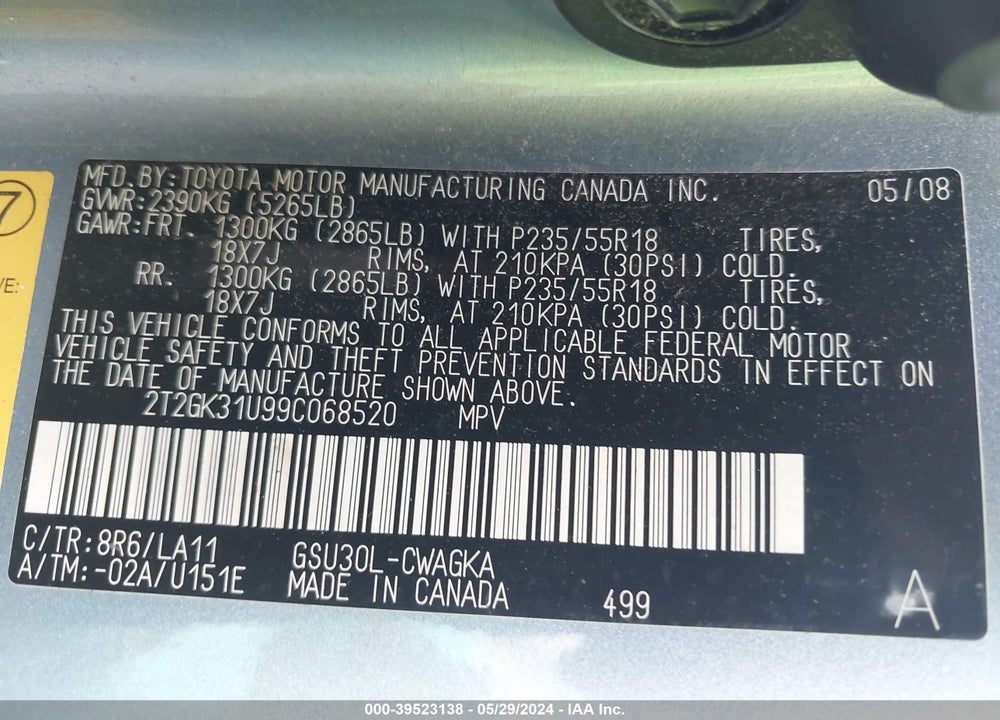 2009 LEXUS RX 350 VIN: 2T2GK31U99C068520