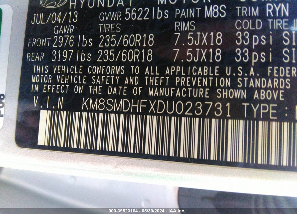 2013 HYUNDAI SANTA FE GLS VIN: KM8SMDHFXDU023731