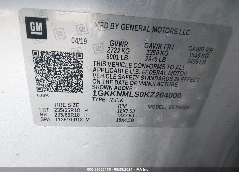2019 GMC ACADIA SLT-1 VIN: 1GKKNMLS0KZ264000