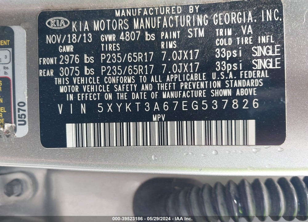 2014 KIA SORENTO LX VIN: 5XYKT3A67EG537826